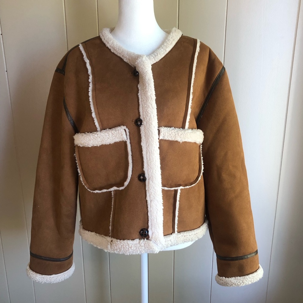 LOVEUS Brown Faux Shearling With Cream Sherpa Trim Size S/M EUC